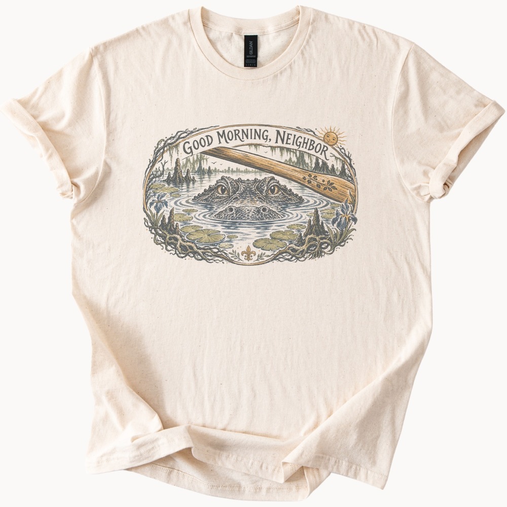Good Morning Neighbor Swamp Creatures Graphic Tee Vintage Engraving Style